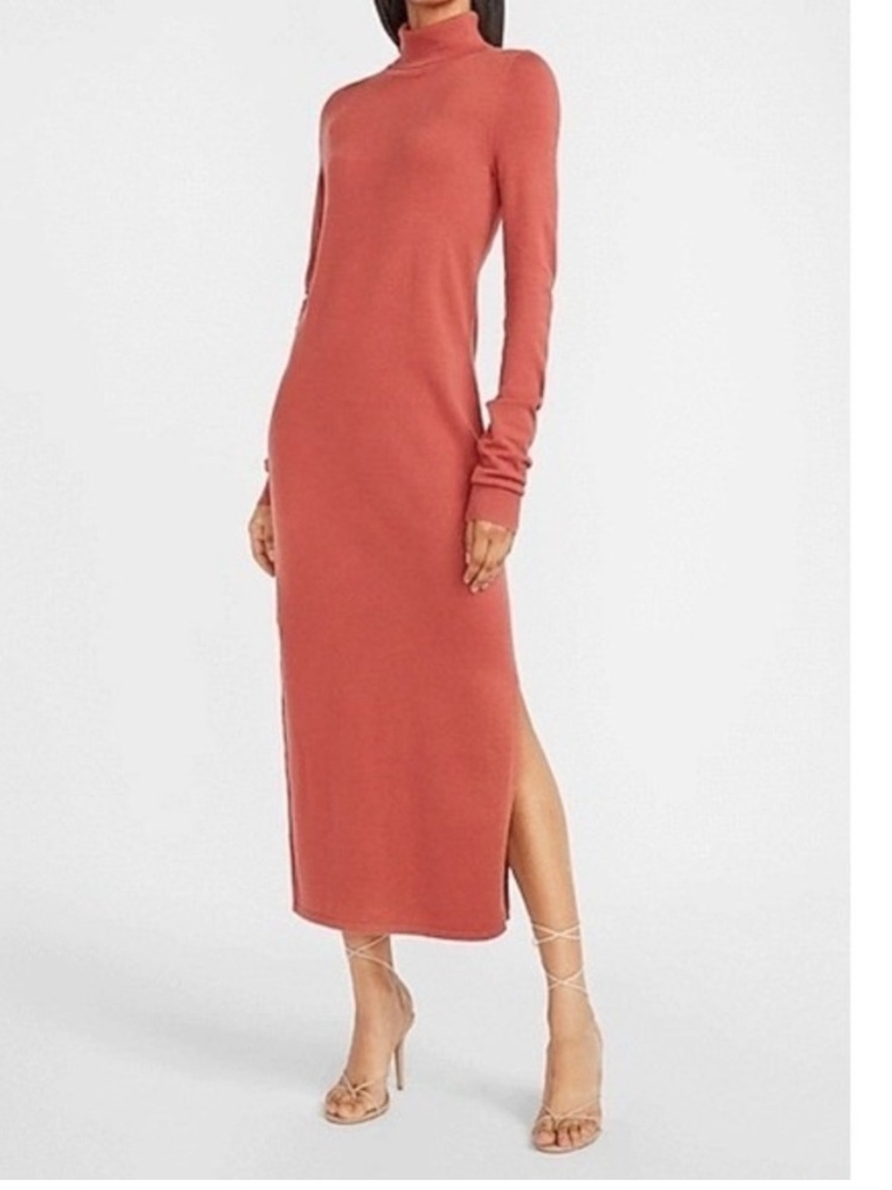 EXPRESS Turtleneck Sweater Midi Dress Ribbed Neck and Long Sleeve Medium Orange